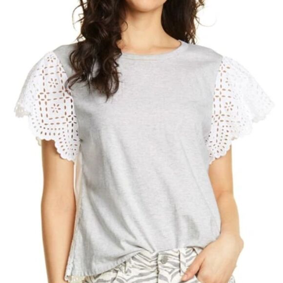 Rebecca Taylor Tops - Rebecca Taylor La Vie Top Womens Large Grey Heather White Eyelet Sleeve Crewneck